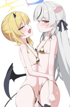 2girls absurdres belly-to-belly bikini black_hair black_horns black_ribbon black_tail black_wings blonde_hair blue_archive blue_halo blush breasts brown_eyes collarbone demon_girl demon_horns demon_tail demon_wings fang gold_bikini golden_week grey_hair halo highres horns ibuki_(blue_archive) kokona_(blue_archive) loli long_hair looking_at_viewer low_wings multicolored_hair multiple_girls ribbon shiny_swimsuit simple_background skin_fang skindentation small_breasts smile streaked_hair string_bikini swimsuit tail tiger_girl uro_kohara white_background wings yellow_eyes yellow_halo