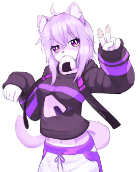 1girl ahoge animal_ear_fluff animal_ears animal_nose arm_up artist_name black_hoodie breasts cat_ears cat_girl cat_tail commentary cowboy_shot cropped_hoodie english_commentary food food_in_mouth food_print furrification furry furry_female hand_up highres hololive hood hood_down hoodie long_sleeves medium_hair midriff navel nekomata_okayu nekomata_okayu_(1st_costume) onigiri onigiri_print pants pawpads purple_eyes purple_hair simple_background solo standing sweatpants tail v virtual_youtuber white_background yoako