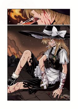 absurdres after_battle apron bandaged_arm bandaged_hand bandages black_hat black_pants black_vest bleeding blonde_hair blood blood_on_arm blood_on_face blood_on_leg bow braid breasts corpse drinking fire frilled_hat frills hair_bow hat hat_bow highres hirano_kouta_(style) kirisame_marisa long_hair mini-hakkero open_mouth pants ryoan_(voyagehermitage) shirt shorts single_braid sitting skirt small_breasts test_tube torn_clothes torn_shirt torn_shorts touhou turtleneck vest waist_apron white_apron white_shirt witch_hat yellow_eyes