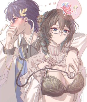 1boy 1girl ? aqua_eyes black_bra black_hair black_shirt blush bra breasts checking_pulse cleavage clothes_lift coat commentary dr._ratio_(academia)_(honkai:_star_rail) dr._ratio_(honkai:_star_rail) glasses gnarlypzofbread grey_sweater hair_ornament heart_(organ) highres holding holding_removed_eyewear holding_stethoscope honkai:_star_rail honkai_(series) jewelry lab_coat large_breasts leaf_hair_ornament long_hair necklace pearl_necklace purple_hair ruan_mei_(academia)_(honkai:_star_rail) ruan_mei_(honkai:_star_rail) shirt short_hair simple_background stethoscope sweater sweater_lift turtleneck turtleneck_sweater underwear unworn_eyewear white_background white_coat