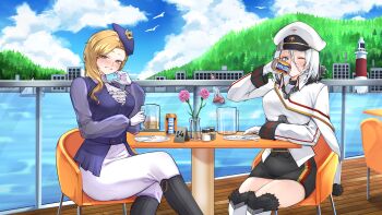 Rule 34 | 2girls, absurdres, azur lane, beer glass, black footwear, blonde hair, blue eyes, blue hat, blue jacket, blue sky, blush, boat, boots, breasts, building, buoy, can, cape, chair, dress, drunk, earrings, fork, fur-trimmed boots, fur-trimmed cape, fur trim, gloves, grin, hair between eyes, hat, highres, holding, holding can, hood (azur lane), irn-bru, jacket, jewelry, kghazir, lighthouse, long hair, long sleeves, looking at viewer, military uniform, multiple girls, ocean, one eye closed, pants, peaked cap, plate, riding boots, riding outfit, sailboat, short hair, sitting, sky, smile, spoon, table, tanaka atsuko, tirpitz (azur lane), voice actor connection, watercraft, white cape, white footwear, white gloves, white hair, white hat, white pants