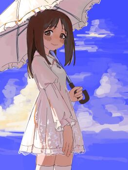 Rule 34 | 1girl, alternate costume, azumanga daiou, blue sky, blush, brown eyes, brown hair, cloud, cross, cross necklace, dress, highres, holding, holding umbrella, jewelry, kasuga ayumu, kyuunn, lolita fashion, long sleeves, looking at viewer, medium hair, necklace, sky, smile, solo, thighhighs, umbrella, white dress, white thighhighs, white umbrella