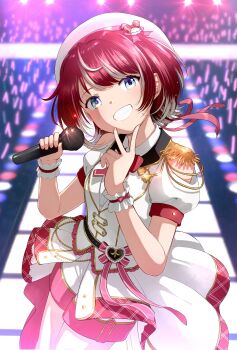 1girl absurdres colored_inner_hair highres holding holding_microphone idol_clothes idolmaster idolmaster_va-liv microphone multicolored_hair ptrtf109 red_hair short_hair stage tomori_manaka two-tone_hair v virtual_youtuber