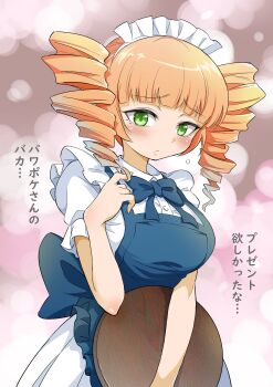 1girl absurdres apron blonde_hair blue_bow blue_bowtie blue_dress bow bowtie closed_mouth commentary_request dress drill_hair green_eyes highres holding holding_tray jikkyou_powerful_pro_yakyuu maid maid_apron maid_headdress natsume_jun pawahotel3021 playing_with_hair power_pro_kun_pocket power_pro_kun_pocket_9 solo translation_request tray twin_drills white_dress