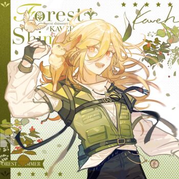 1boy :d animal animal_on_shoulder appleboneeee belt belt_buckle bird black_belt black_gloves black_ribbon blonde_hair blush buckle character_name chinese_commentary commentary_request compass earrings english_text eyelashes feather_hair_ornament feathers fingerless_gloves floating_hair fox genshin_impact gloves gold_earrings green_background green_vest hair_between_eyes hair_ornament halftone halftone_background hand_up jewelry kaveh_(discovery)_(genshin_impact) kaveh_(genshin_impact) long_hair long_sleeves looking_at_viewer male_focus official_alternate_costume open_mouth plant puffy_long_sleeves puffy_sleeves red_eyes ribbon shirt smile solo star_(symbol) teeth vest white_background white_shirt