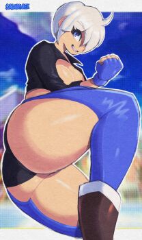 1girl angel_(kof) ass blue_eyes boots breasts curvy from_behind gloves huge_ass huge_breasts jacket large_breasts leather looking_at_viewer outdoors pale_skin panties saguinee short_hair smile sween the_king_of_fighters thick_thighs thighs underwear white_hair