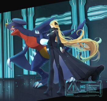 1girl black_coat black_nails black_pants black_shirt blonde_hair breasts closed_mouth coat cynthia_(pokemon) facing_to_the_side floating_hair from_side full_body fur-trimmed_sleeves fur_collar fur_trim garchomp gen_4_pokemon hair_ornament high_heels long_hair looking_ahead medium_breasts nintendo pants pokemon pokemon_(creature) pokemon_dppt profile revision sakaralalala shirt very_long_hair