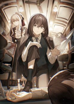 Rule 34 | 2boys, 2girls, black jacket, black pants, black socks, black vest, blood, blood on furniture, blue eyes, brown footwear, brown hair, ceiling light, chair, collared shirt, corpse, cup, detective, drinking glass, electric fan, grey eyes, hair between eyes, hat, highres, indoors, jacket, jacket on shoulders, long hair, long sleeves, looking at viewer, multiple boys, multiple girls, necktie, on one knee, original, pants, parted lips, ribbon, shirt, shoes, short hair, sitting, skirt, socks, table, tamitami, train interior, vest, white headwear, white shirt, window, wine glass