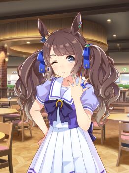 1girl absurdres animal_ear_piercing animal_ears aqua_nails artist_request back_bow blue_bow blue_bowtie blue_eyes blue_nails blue_shirt blunt_bangs bow bow_ring bowtie breasts brooch brown_hair cafe ceiling_light chair collarbone cowboy_shot diamond_earrings dot_nose ear_bow ear_ornament earrings eyelashes game_cg hair_bow happy high-waist_skirt highres horse_ears horse_girl horseshoe_ornament indoors jewelry light_blush lips long_hair medium_breasts miniskirt multicolored_nails nail_art official_art one_eye_closed parted_lips pink_lips plant pleated_skirt polka_dot polka_dot_bow potted_plant puffy_short_sleeves puffy_sleeves sailor_collar school_uniform shadow shirt short_sleeves sidelocks skirt solo standing table tareme tosen_jordan_(umamusume) tracen_school_uniform two-tone_shirt umamusume wavy_hair white_sailor_collar white_shirt white_skirt wooden_floor yellow_nails