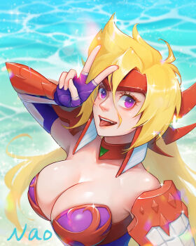 1girl absurdres armor blonde_hair breasts cleavage fingerless_gloves gloves highres large_breasts long_hair marty_(mega_man) mega_man_(series) mega_man_x_(manga) mega_man_x_(series) nao_(gatita) ocean purple_eyes purple_gloves red_armor solo tongue tongue_out upper_body v