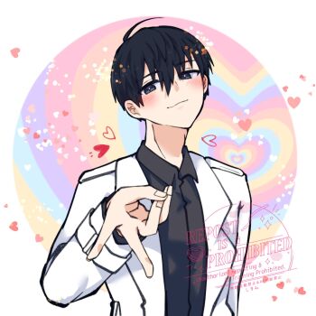 1boy ahoge black_eyes black_hair black_shirt blush coat collared_shirt hair_between_eyes head_tilt highres kim_dokja kimidori_22 looking_at_viewer male_focus omniscient_reader&#039;s_viewpoint open_clothes open_coat rainbow shirt short_hair smile solo upper_body v white_coat