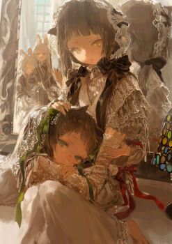 4girls absurdres animal_ear_fluff animal_ears arm_hug arm_rest black_hair bow brown_hair closed_eyes dress green_bow green_eyes hair_ornament hair_ribbon hand_on_another's_head headpat highres holding_another's_arm kurikabacha lace lace-trimmed_dress lace-trimmed_headwear lace-trimmed_sleeves lace_lappet lace_sleeves lace_trim lap_pillow lappet long_hair long_sleeves looking_at_another looking_at_viewer low_twintails lying lying_on_lap lying_on_person mirror multiple_girls original rabbit_ears reflection ribbon shirt sitting twintails white_shirt yellow_eyes