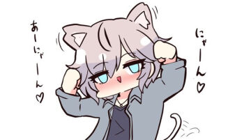 1girl :&gt; afterimage anastasia_(idolmaster) animal_ears arms_up black_shirt blue_eyes brown_hair cat_ears cat_girl cat_tail grey_jacket hair_between_eyes idolmaster idolmaster_cinderella_girls jacket kawamochi_(kawauti919) kemonomimi_mode long_sleeves motion_lines open_clothes open_jacket parted_lips shirt simple_background solo speed_lines tail tail_wagging translation_request triangle_mouth white_background
