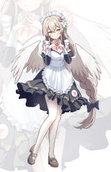 Rule 34 | 1girl, absurdres, alternate costume, angel wings, apron, black dress, blue archive, blush, breasts, cleavage, closed mouth, dress, enmaided, feathered wings, flower, frilled apron, frills, full body, grey footwear, hair between eyes, hair flower, hair ornament, halo, highres, light brown hair, long hair, looking at viewer, maid, maid apron, maid headdress, medium breasts, nagisa (blue archive), pantyhose, pink flower, pink halo, shoes, simple background, smile, solo, white apron, white background, white flower, white pantyhose, white wings, wings, yellow eyes, yeogpu (seung832222)