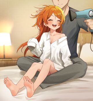 1boy 1girl :d absurdres armpits barefoot bed_sheet blush breasts cabbage_(chlehd2239) cleavage closed_eyes closed_mouth collarbone dot_nose dress_shirt eyelashes grey_pants grey_shirt hair_dryer hand_rest hand_up head_out_of_frame highres holding holding_hair_dryer huge_filesize idolmaster idolmaster_million_live! idolmaster_million_live!_theater_days indian_style indoors lamp light_smile long_hair no_bra ogami_tamaki on_bed open_mouth orange_hair oversized_clothes oversized_shirt pants pillow producer_(idolmaster) shirt sidelocks single_bare_shoulder single_off_shoulder sitting sitting_between_lap sleeves_past_fingers sleeves_past_wrists small_breasts smile solo_focus t-shirt teeth toes upper_teeth_only white_shirt