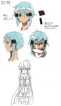 Rule 34 | 1girl, blue hair, closed mouth, expressionless, hair ornament, japanese text, looking at viewer, multiple girls, open mouth, short hair, sidelocks, simple background, sinon, source request, sword art online, tagme, translation request, white background