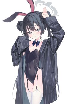 1girl arms_up bare_legs bare_shoulders black_bow black_bowtie black_hair black_jacket blue_archive bow bowtie braid commentary_request grey_eyes grey_halo hair_between_eyes halo highres jacket kisaki_(blue_archive) looking_at_viewer open_clothes open_jacket playboy_bunny rangtori simple_background socks twin_braids white_background white_socks