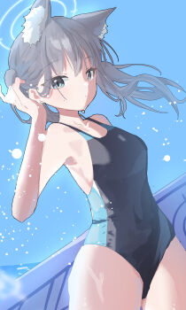 1girl absurdres animal_ear_fluff animal_ears black_one-piece_swimsuit blue_archive blue_eyes blue_sky breasts commentary_request competition_swimsuit covered_navel cowboy_shot cross_hair_ornament doruto721 extra_ears grey_hair hair_ornament halo highres looking_at_viewer low_ponytail medium_breasts medium_hair mismatched_pupils multicolored_swimsuit official_alternate_costume one-piece_swimsuit ponytail shiroko_(blue_archive) shiroko_(swimsuit)_(blue_archive) sky solo surfboard swimsuit wolf_ears