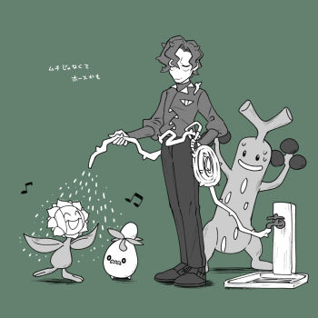 1boy bags_under_eyes batabiru brassius_(pokemon) bright_pupils closed_eyes gen_2_pokemon green_background hose limited_palette musical_note nintendo o_o open_mouth pants plant pokemon pokemon_(creature) pokemon_sv shoes simple_background smile smoliv spiked_hair sudowoodo sunflora sweat vines watering wavy_hair wavy_mouth white_pupils