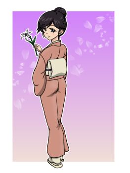 1girl ass black_hair blue_eyes blush closed_mouth commentary_request flower full_body girls_und_panzer hair_bun holding holding_flower isuzu_yuri japanese_clothes kimono lily_(flower) looking_at_viewer looking_back simple_background smile solo takahashi_kurage