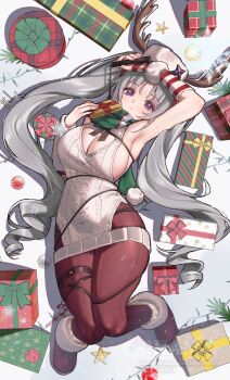 1girl armpits breasts chami_(charming621) christmas_present cleavage cleavage_cutout clothing_cutout commentary fur_hat gift green_scarf hat highres holding holding_whip horned_hat large_breasts laru_(snowish)_(stella_sora) laru_(stella_sora) long_hair looking_at_viewer mistletoe pantyhose papakha purple_eyes red_pantyhose scarf sleeveless solo stella_sora twintails whip white_hat