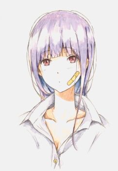 Rule 34 | 1girl, absurdres, bandaid, bandaid on cheek, bandaid on face, bbmasa, blunt bangs, breasts, cleavage, closed mouth, collarbone, collared shirt, commentary request, cropped torso, gradient background, grey background, hibike! euphonium, highres, liz to aoi tori, long hair, looking at viewer, purple hair, red eyes, shirt, solo, traditional media, upper body, white shirt, yoroizuka mizore