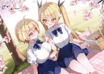 2girls absurdres baguette blonde_hair blue_bow blue_bowtie blue_skirt bow bowtie bread breasts chaos_zero_nightmare cherry_blossoms commentary food grass highres large_breasts long_hair looking_at_another medium_breasts multiple_girls picnic picnic_basket picnic_blanket shirt short_hair skirt smile thighs tiana_(chaos_zero_nightmare) tiphera_(chaos_zero_nightmare) twintails very_long_hair white_shirt yellow_eyes yunjuice yuri