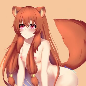 1girl :o animal_ear_fluff animal_ears artist_name bad_id bad_pixiv_id blush breasts brown_hair burumemori completely_nude convenient_censoring cowboy_shot eyelashes hair_between_eyes leaning_forward loli long_hair looking_ahead messy_hair metal_hair_tubes nipples nude open_mouth raccoon_ears raccoon_girl raccoon_tail raised_eyebrows raphtalia raphtalia_(young) red_eyes small_breasts solo tail tate_no_yuusha_no_nariagari watermark yellow_background