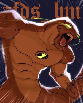 1boy afdsbm artist_name ben_10 ben_10:_alien_force clenched_hand commentary dinosaur_boy english_commentary glowing glowing_eyes green_eyes highres humungousaur male_focus motion_lines omnitrix open_mouth simple_background solo teeth