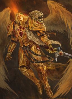 1boy abstract_background armor armored_boots artist_name black_background blonde_hair boots brown_background commission curtained_hair eyes_of_horus_(warhammer_40k) feathered_wings feathers flying gauntlets gold_armor gold_boots gold_gauntlet highres holding holding_sword holding_weapon laurel_crown leopard_pelt lips long_hair looking_at_viewer male_focus mature_male orange_background ornate_armor oversized_wings pauldrons pelt pelvic_curtain power_armor primarch pteruges red_eyes red_lips regalia_resplendent rerebrace sanguinius shimhaq shoulder_armor signature snow_leopard_pelt solo sword thigh_armor twitter_username warhammer_40k weapon white_feathers white_wings wings