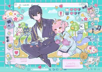 Rule 34 | !, 1boy, 1girl, :3, abby (wuthering waves), aemeath (wuthering waves), aemeath (young) (wuthering waves), aged down, ahoge, black hair, black jacket, black pants, black shoes, boots, cloud, commentary request, controller, cropped jacket, cursor, dialogue box, fingerless gloves, flower, game boy, game boy (original), game controller, gameplay mechanics, gloves, grinning squinting face emoji, hair ornament, handheld game console, heart, highres, holding, holding controller, holding game controller, icon (computing), indian style, jacket, jewelry, loading screen, male rover (wuthering waves), musical note, namipon (wuthering waves), necklace, notice lines, orange eyes, pants, pink hair, pixelated, rover (wuthering waves), sheet ghost, shiro chan46, shoes, sitting, spoken emoji, spoken exclamation mark, spoken heart, taskbar, user interface, wariza, wuthering waves, yellow eyes