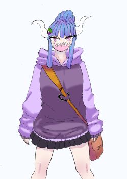blue_hair cape closed_eyes contemporary dress highres horns long_hair looking_at_viewer mask mouth_mask multicolored_hair neck_ribbon one_piece ponytail purple_eyes ribbon siblings skirt solo_focus sorambk striped sweat thighs ulti_(one_piece) white_background white_horns