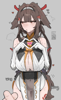 1girl averting_eyes azz0422 blush breasts brown_hair brown_tail china_dress chinese_clothes commentary dress droopy_ears elbow_gloves gloves grey_background hairband heart heart_hands highres large_breasts pov solo_focus sweat tail white_dress white_gloves white_hairband ye_shunguang zenless_zone_zero