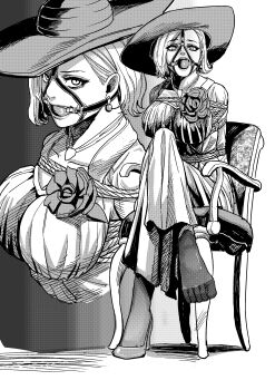 1girl absurdres alcina_dimitrescu ball_gag bdsm bondage bound breasts chair dress gag greyscale highres looking_at_viewer monochrome peril resident_evil resident_evil_village restrained shibari short_hair sitting solo wei_suo_biao_shu