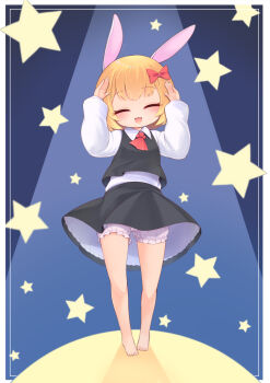 1girl absurdres animal_ears ascot barefoot black_skirt black_vest blonde_hair bloomers blue_background blush border bow breasts closed_eyes collared_shirt commentary_request fake_animal_ears full_body hair_bow harunoha highres long_sleeves open_mouth rabbit_ears rabbit_pose red_ascot red_bow rumia shirt short_hair skirt small_breasts smile solo star_(symbol) touhou underwear vest white_bloomers white_border white_shirt