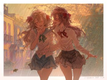 2girls ahoge black_skirt blue_sailor_collar blue_skirt border bow bowtie brown_hair building closed_eyes commentary cowboy_shot day dress_shirt english_commentary evil_neuro-sama green_bow green_bowtie hair_between_eyes hair_ribbon holding_hands liquain long_hair long_sleeves miniskirt multiple_girls neuro-sama open_mouth outdoors outside_border pleated_skirt rain red_bow red_bowtie red_ribbon ribbon sailor_collar shirt siblings sisters skirt sunset tree turtle twins two_side_up vedal_ai virtual_youtuber wet wet_clothes white_border white_shirt