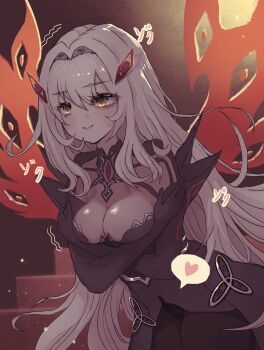 1girl arms_under_breasts black_dress black_pantyhose bodystocking breasts commentary_request dress genshin_impact hair_intakes headpiece heart highres leaning_forward long_hair medium_breasts pantyhose red_wings ronova_(genshin_impact) smile solo spoken_heart takumi_(user_xmwf4727) textless_version white_hair wings yellow_eyes