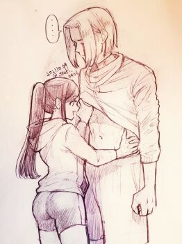 ... 1boy 1girl abs bike_shorts closed_eyes commentary_request contemporary dated ferdinand_(honzuki_no_gekokujou) hatching_(texture) hetero highres hitsuki_(hiidukii) honzuki_no_gekokujou hood hoodie lifting_another&#039;s_clothes myne_(honzuki_no_gekokujou) navel open_mouth ponytail sepia short_shorts shorts smile spoken_ellipsis sweater_vest traditional_media twitter_username