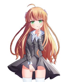 1girl :t ahoge alternate_costume black_serafuku black_shirt black_skirt blush bow bowtie braid brown_hair closed_mouth clothes_lift commentary_request covering_crotch covering_privates flower green_eyes hair_between_eyes hair_flower hair_ornament hand_up highres index_finger_raised kanbe_kotori long_hair long_sleeves looking_at_viewer medium_skirt pink_flower pleated_skirt poking pout rewrite sailor_collar school_uniform serafuku shiki_hamaguri shirt sidelighting simple_background skirt skirt_lift skirt_tug solo thighhighs thighs twin_braids upskirt v-shaped_eyebrows very_long_hair white_background white_bow white_bowtie white_sailor_collar white_thighhighs wind wind_lift zettai_ryouiki