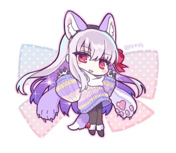 1girl animal_ears animal_hands black_pantyhose blush_stickers bow chibi colored_inner_hair commentary fake_animal_ears fake_tail fate/grand_order fate_(series) gloves kama_(dream_portrait)_(fate) kama_(fate) kama_(first_ascension)_(fate) kama_(young)_(fate) long_hair looking_at_viewer multicolored_hair open_mouth pantyhose paw_gloves polka_dot polka_dot_background ppxdq purple_hair purple_sweater red_eyes simple_background smile solo striped_clothes striped_sweater sweater symbol-only_commentary tail twitter_username white_background wolf_hood yellow_sweater