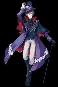 Rule 34 | 1boy, absurdres, arcaea, arm up, ascot, black ascot, black background, black boots, black capelet, black hat, black nails, black vest, boots, cane, capelet, card, closed mouth, coat, commentary request, full body, hair between eyes, hat, hat ribbon, highres, holding, holding cane, jewelry, knee boots, lace-up boots, light smile, long sleeves, looking at viewer, male focus, nail polish, open clothes, open coat, pants, playing card, purple coat, purple ribbon, red eyes, ribbon, ring, ryuh (asahina neru), short hair, simple background, solo, standing, tenniel (arcaea), top hat, vest, waistcoat, white pants