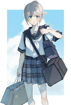 1girl :o bag bare_legs black_bag blue_eyes blue_skirt blush border cloud_background collarbone commentary_request duffel_bag feet_out_of_frame grey_hair hand_up highres holding holding_bag idolmaster idolmaster_shiny_colors looking_at_viewer messiah_go neckerchief outside_border parted_lips plaid_clothes plaid_skirt pleated_skirt ponytail school_bag school_uniform serafuku serizawa_asahi shirt shopping_bag short_sleeves shoulder_bag sidelocks signature skirt solo summer_uniform sweat too_many_bags twitter_username white_border white_neckerchief white_shirt