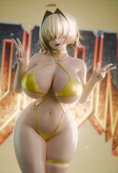 1girl 3d absurdres bare_shoulders bikini blender_(medium) blonde_hair blurry blurry_background blush breasts cowboy_shot curvy depth_of_field dkclaude3d elegg_(nikke) goddess_of_victory:_nikke halterneck highres huge_breasts looking_at_viewer navel open_mouth parted_lips short_hair skindentation smile solo standing swimsuit thigh_strap thighs v