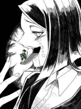 Rule 34 | 2boys, asymmetrical bangs, black pants, black shoes, blush, brown hair, buttons, checkered clothes, checkered kimono, colored tips, commentary request, demon boy, drooling, enmu (kimetsu no yaiba), facial mark, fangs, fingernails, giant, giant male, greyscale, hand up, highres, holding, holding sword, holding weapon, imminent vore, jacket, japanese clothes, kamado tanjirou, katana, kimetsu no yaiba, kimono, long tongue, looking down, male focus, medium hair, mini person, miniboy, monochrome, multicolored hair, multiple boys, on tongue, open mouth, pants, profile, raised inner eyebrows, shoes, signature, size difference, standing, sword, symbol-shaped pupils, tears facial mark, tongue, tongue out, trap, twitter username, uzuki tatsuki, weapon