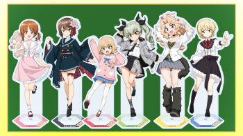 Rule 34 | 6+girls, alternate hairstyle, anchovy (girls und panzer), black choker, black necktie, black shoes, black skirt, blonde hair, blue bow, blue dress, blue eyes, blue skirt, boots, bow, brown eyes, brown hair, choker, commentary request, darjeeling (girls und panzer), dress, drill hair, fang, full body, girls und panzer, green background, grey hair, grey jacket, grey socks, haiiro purin, high heels, highres, jacket, japanese clothes, katyusha (girls und panzer), kay (girls und panzer), long hair, looking at viewer, multiple girls, nail polish, necktie, nishizumi maho, nishizumi miho, official alternate costume, open mouth, pink dress, pink jacket, pink shoes, red bow, shirt, shoes, short hair, simple background, skirt, smile, socks, standing, stuffed animal, stuffed toy, teddy bear, twintails, v, white shirt, white socks