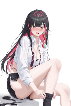 1girl black_hair black_shorts black_socks blush bra bra_peek braid breast_pocket breasts buttons charon_universe cleavage collared_shirt crop_top dressing highleg highres knee_up long_hair looking_at_viewer medium_breasts midriff miharu_(charon_universe) multicolored_hair myomomoo necktie nose_blush open_mouth panty_straps pink_hair pocket red_eyes shirt short_shorts shorts side_slit simple_background sitting socks solo thighs two-tone_hair underwear undone_necktie virtual_youtuber white_background white_shirt