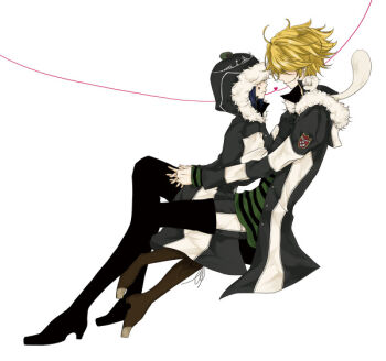 2boys badge belphegor_(reborn) blonde_hair blue_hair boots crown frog hair_over_eyes hood katekyo_hitman_reborn! mammon_(reborn) mink multiple_boys shirt simple_background smile striped_clothes striped_shirt tiara varia