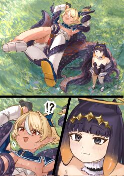 blonde_hair blunt_bangs blush bow dark-skinned_female dark_skin detached_sleeves dress elf gloves gradient_hair hair_bow halo highres hololive hololive_english long_hair multicolored_hair multiple_girls ninomae_ina'nis ninomae_ina'nis_(1st_costume) orange_hair pointy_ears ponytail purple_eyes purple_hair red_eyes restrained shiranui_flare shiranui_flare_(1st_costume) sidelocks sinoporo_art streaked_hair tentacle_grab tentacle_hair tentacles virtual_youtuber white_gloves white_hair