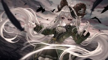 1girl ahoge ascot bird black_feathers black_hair black_skirt closed_mouth commentary_request commission crow curled_horns earrings endroll00 falling_feathers feathers green_jacket horns jacket jewelry long_hair long_sleeves looking_at_viewer multicolored_hair outdoors pointy_ears skeb_commission skirt solo streaked_hair vrchat white_ascot white_hair