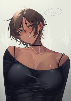 ... 1girl black_choker black_shirt blush bra_strap breasts brown_eyes brown_hair choker commentary_request dark-skinned_female dark_skin earrings grey_background highres jewelry korean_commentary large_breasts limbus_company looking_at_viewer off_shoulder outis_(project_moon) project_moon rhlatm shirt solo sweat t-shirt waveform